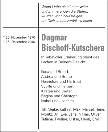 Traueranzeige von Dagmar Sybille Bischoff-Kutschera von Darmstädter Echo, Odenwälder Echo, Rüsselsheimer Echo, Groß-Gerauer-Echo, Ried Echo