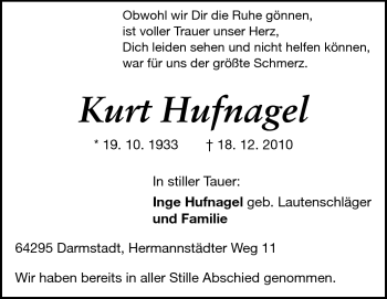 Traueranzeige von Kurt Hufnagel von Echo-Zeitungen (Gesamtausgabe)