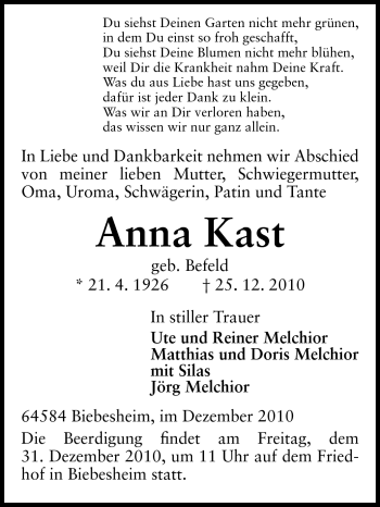 Traueranzeige von Anna Kast von Rüsselsheimer Echo, Groß-Gerauer-Echo, Ried Echo