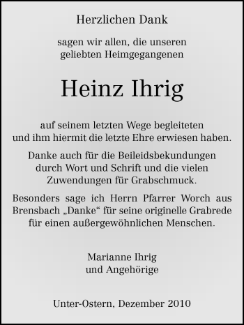 Traueranzeige von Heinz Ihrig von Odenwälder Echo
