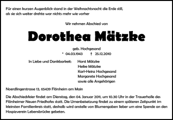 Traueranzeige von Dorothea Mätzke von Rüsselsheimer Echo, Groß-Gerauer-Echo, Ried Echo