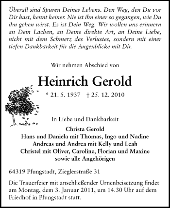 Traueranzeige von Heinrich Gerold von Echo-Zeitungen (Gesamtausgabe)