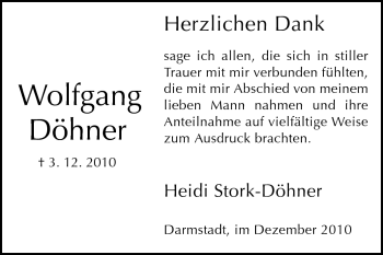 Traueranzeige von Wolfgang Döhner von Darmstädter Echo, Odenwälder Echo, Rüsselsheimer Echo, Groß-Gerauer-Echo, Ried Echo