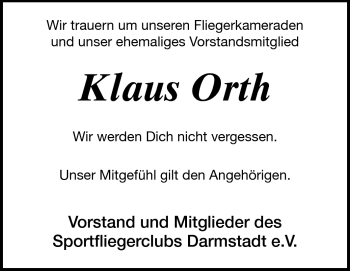 Traueranzeige von Klaus Orth von Echo-Zeitungen (Gesamtausgabe)