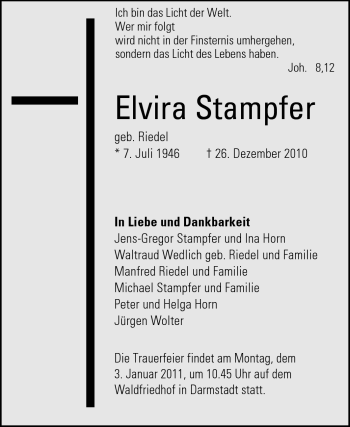 Traueranzeige von Elvira Rosa Anita Stampfer von Darmstädter Echo, Odenwälder Echo, Rüsselsheimer Echo, Groß-Gerauer-Echo, Ried Echo