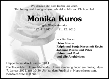 Traueranzeige von Monika Kuros von Starkenburger Echo, Bergsträßer Anzeiger