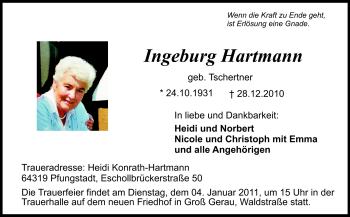 Traueranzeige von Ingeburg Hartmann von Rüsselsheimer Echo, Groß-Gerauer-Echo, Ried Echo