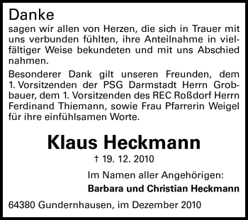 Traueranzeige von Klaus Heckmann von Echo-Zeitungen (Gesamtausgabe)