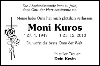 Traueranzeige von Monika Kuros von Starkenburger Echo, Bergsträßer Anzeiger