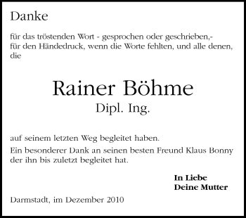 Traueranzeige von Rainer Böhme von Darmstädter Echo, Odenwälder Echo, Rüsselsheimer Echo, Groß-Gerauer-Echo, Ried Echo