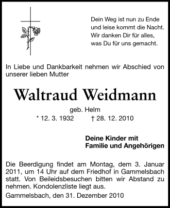 Traueranzeige von Waltraud Weidmann von Odenwälder Echo