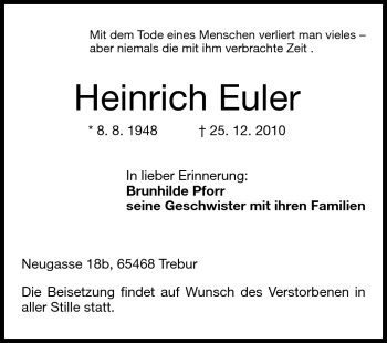 Traueranzeige von Heinrich Euler von Rüsselsheimer Echo, Groß-Gerauer-Echo, Ried Echo