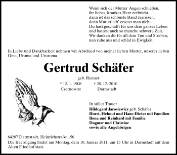 Traueranzeige von Gertrud Schäfer von Darmstädter Echo, Odenwälder Echo, Rüsselsheimer Echo, Groß-Gerauer-Echo, Ried Echo