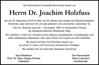 Traueranzeige von Joachim Holzfuss von Darmstädter Echo, Odenwälder Echo, Rüsselsheimer Echo, Groß-Gerauer-Echo, Ried Echo