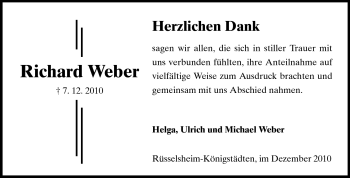 Traueranzeige von Richard Weber von Rüsselsheimer Echo, Groß-Gerauer-Echo, Ried Echo