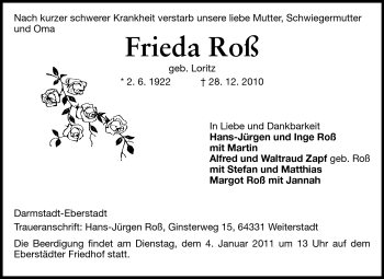 Traueranzeige von Frieda Roß von Echo-Zeitungen (Gesamtausgabe)