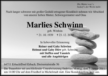 Traueranzeige von Marlies Schwinn von Odenwälder Echo