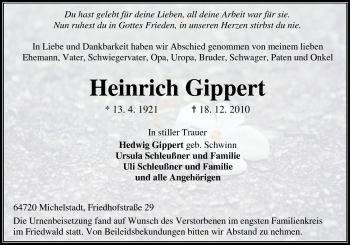 Traueranzeige von Heinrich Gippert von Odenwälder Echo