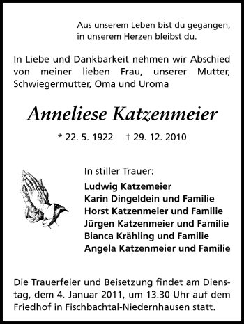 Traueranzeige von Anneliese Katzenmeier von Echo-Zeitungen (Gesamtausgabe)