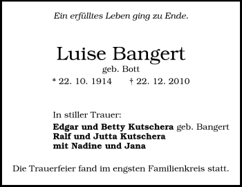 Traueranzeige von Luise Bangert von Darmstädter Echo, Odenwälder Echo, Rüsselsheimer Echo, Groß-Gerauer-Echo, Ried Echo