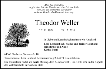 Traueranzeige von Theodor Weller von Rüsselsheimer Echo, Groß-Gerauer-Echo, Ried Echo