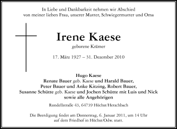 Traueranzeige von Irene Kaese von Odenwälder Echo