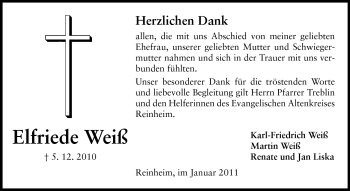 Traueranzeige von Elfriede Weiß von Darmstädter Echo, Odenwälder Echo, Rüsselsheimer Echo, Groß-Gerauer-Echo, Ried Echo
