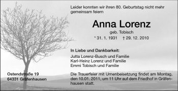 Traueranzeige von Anna Lorenz von Darmstädter Echo, Odenwälder Echo, Rüsselsheimer Echo, Groß-Gerauer-Echo, Ried Echo
