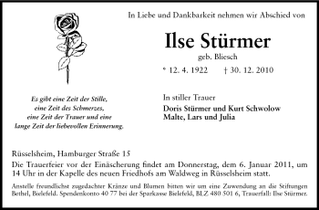 Traueranzeige von Ilse Stürmer von Rüsselsheimer Echo, Groß-Gerauer-Echo, Ried Echo