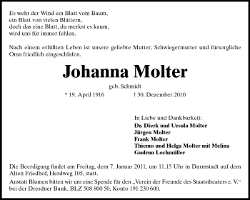 Traueranzeige von Johanna Molter von Darmstädter Echo, Odenwälder Echo, Rüsselsheimer Echo, Groß-Gerauer-Echo, Ried Echo
