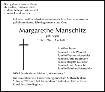 Traueranzeige von Margarethe Manschitz von Odenwälder Echo