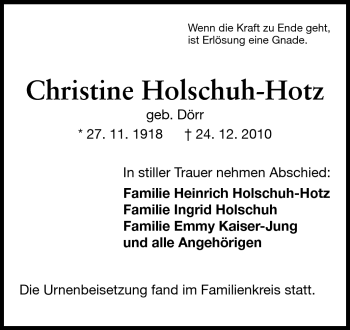 Traueranzeige von Christine Holschuh-Hotz von Odenwälder Echo