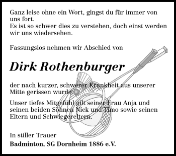 Traueranzeige von Dirk Rothenburger von Rüsselsheimer Echo, Groß-Gerauer-Echo, Ried Echo