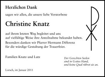 Traueranzeige von Christine Knatz von Starkenburger Echo, Bergsträßer Anzeiger