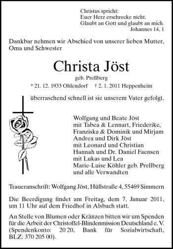 Traueranzeige von Christa Jöst von Echo-Zeitungen (Gesamtausgabe)