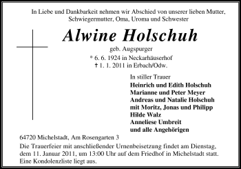 Traueranzeige von Alwine Holschuh von Odenwälder Echo