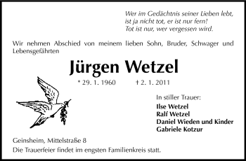 Traueranzeige von Jürgen Wetzel von Rüsselsheimer Echo, Groß-Gerauer-Echo, Ried Echo