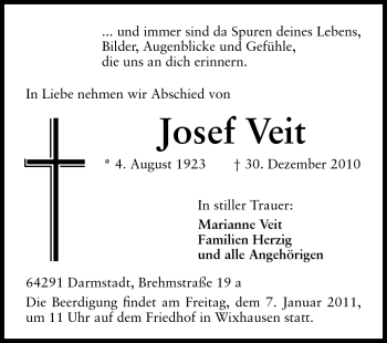 Traueranzeige von Josef Veit von Darmstädter Echo, Odenwälder Echo, Rüsselsheimer Echo, Groß-Gerauer-Echo, Ried Echo