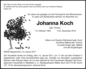 Traueranzeige von Johanna Koch von Starkenburger Echo