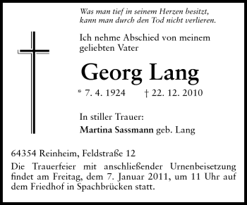 Traueranzeige von Georg Lang von Echo-Zeitungen (Gesamtausgabe)