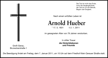 Traueranzeige von Arnold Hueber von Rüsselsheimer Echo, Groß-Gerauer-Echo, Ried Echo
