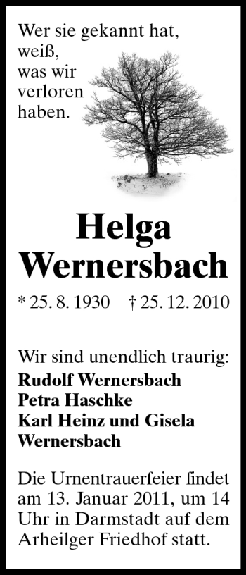 Traueranzeige von Helga Wernersbach von Darmstädter Echo, Odenwälder Echo, Rüsselsheimer Echo, Groß-Gerauer-Echo, Ried Echo