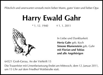 Traueranzeige von Harry Ewald Gahr von Rüsselsheimer Echo, Groß-Gerauer-Echo, Ried Echo