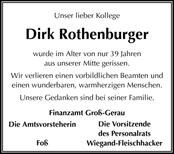 Traueranzeige von Dirk Rothenburger von Rüsselsheimer Echo, Groß-Gerauer-Echo, Ried Echo