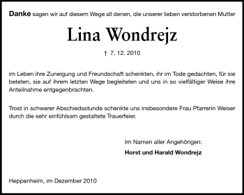 Traueranzeige von Lina Wondrejz von Starkenburger Echo