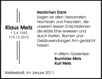 Traueranzeige von Klaus Metz von Echo-Zeitungen (Gesamtausgabe)
