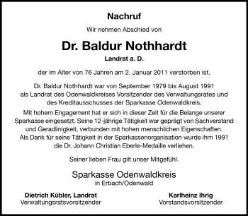 Traueranzeige von Dr. jur. Baldur Nothhardt von Odenwälder Echo