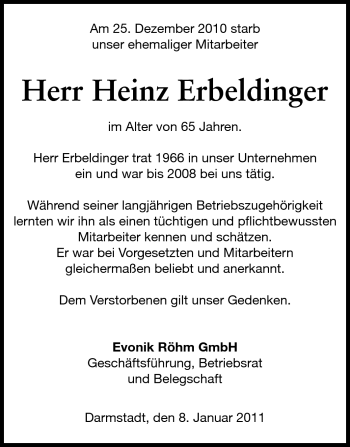 Traueranzeige von Heinz Erbeldinger von Echo-Zeitungen (Gesamtausgabe)