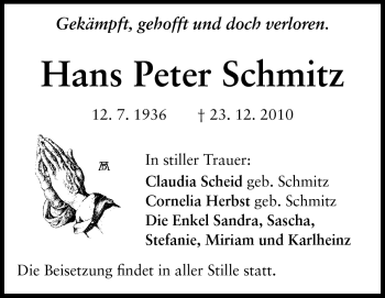 Traueranzeige von Hans Peter Schmitz von Echo-Zeitungen (Gesamtausgabe)