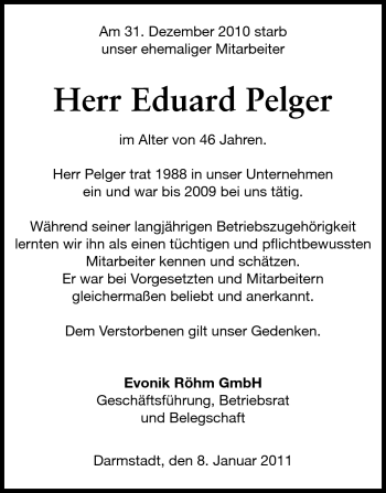 Traueranzeige von Eduard Pelger von Darmstädter Echo, Odenwälder Echo, Rüsselsheimer Echo, Groß-Gerauer-Echo, Ried Echo